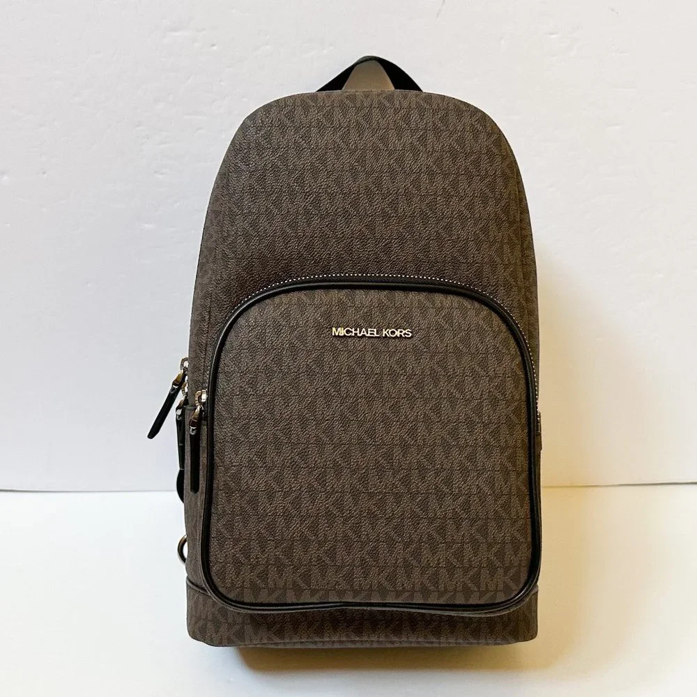 Michael Kors Cooper Sling Pack Backpack MK Signature Brown Black - Picture 2 of 10